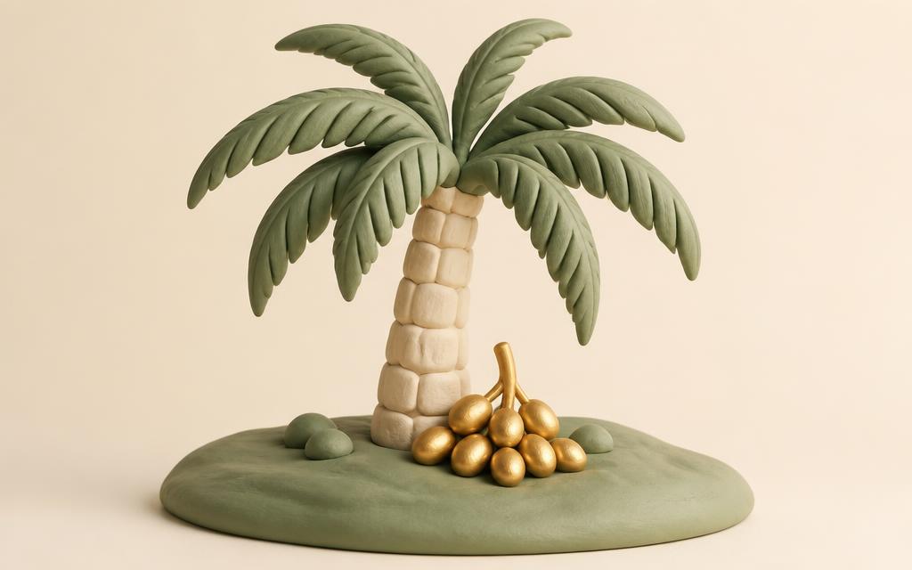 Small cream clay house resting in a large gold clay open hand on sage clay ground
