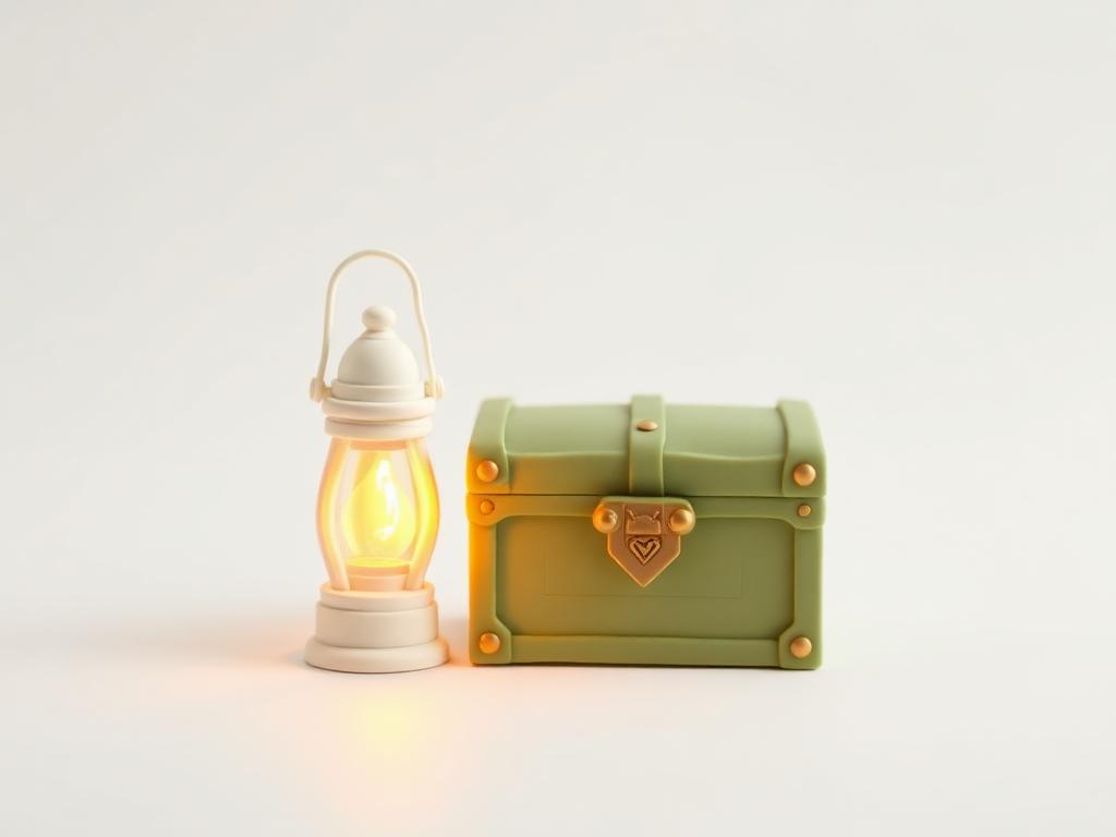 Glowing cream clay lantern beside a sage clay chest with a gold clay clasp