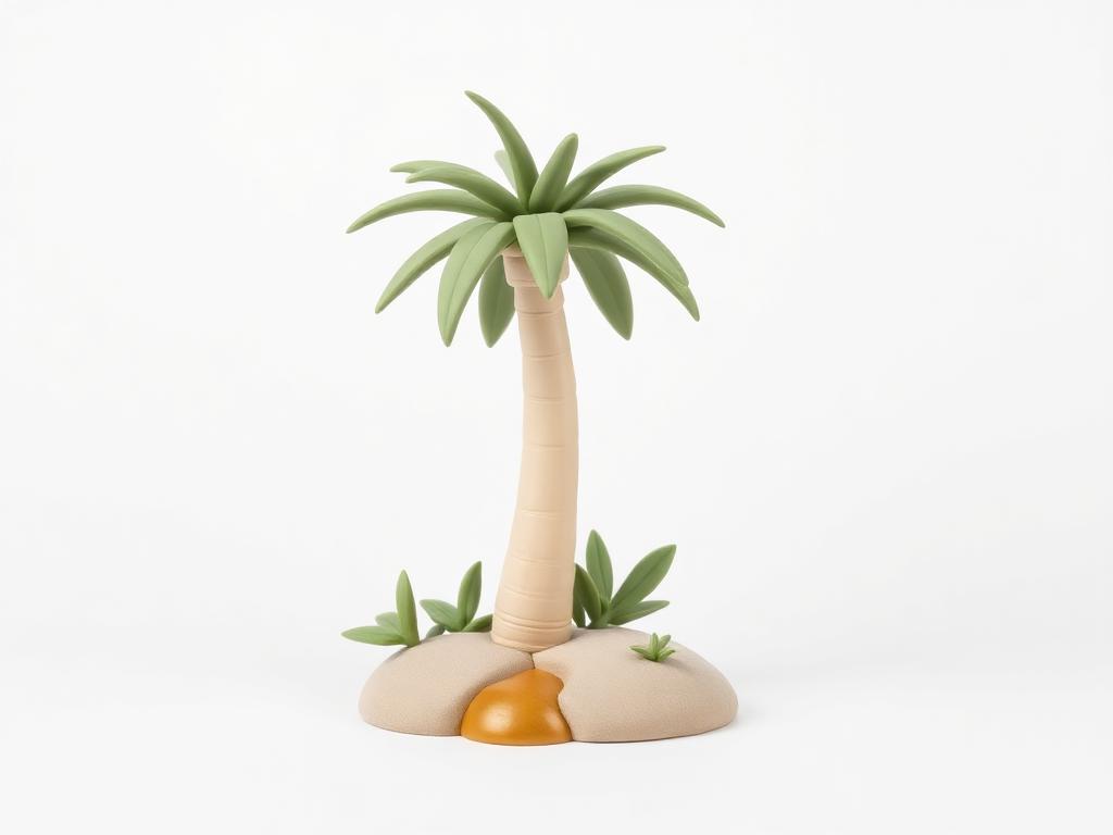Cream clay date palm with sage clay leaves and a small gold clay fruit at its base