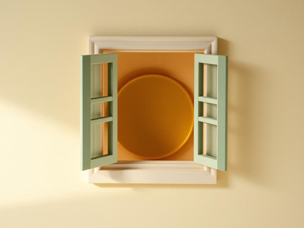 Cream clay window frame with sage clay shutters open to a gold clay sunrise