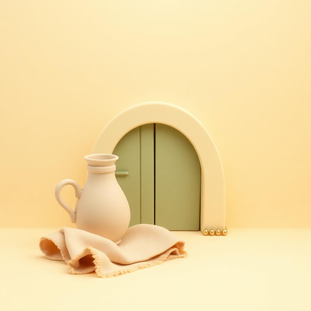 Cream clay water jug and folded sage clay cloth beside a doorway shape