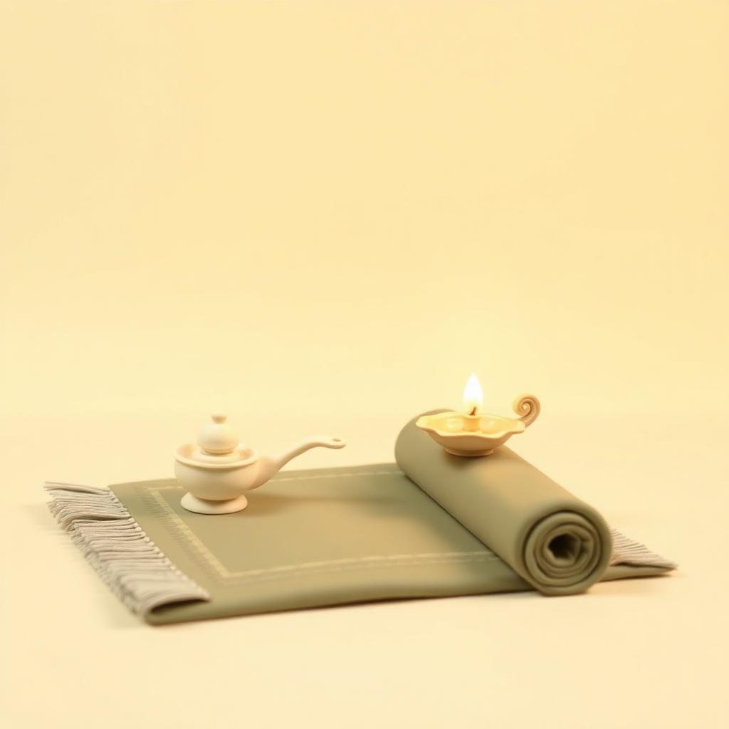 Small gold clay lamp glowing beside a rolled sage clay prayer mat