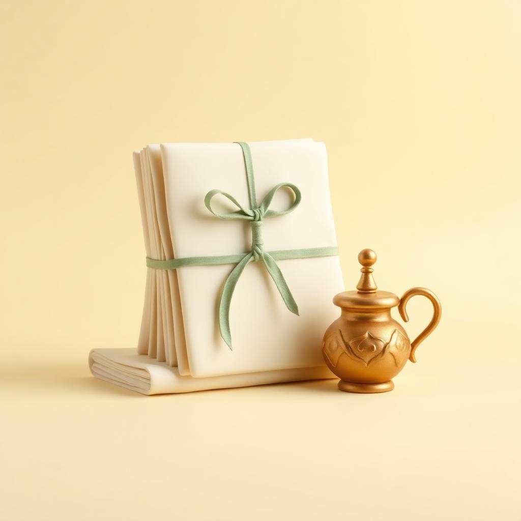 Sheets of cream clay parchment beside a sage clay inkpot with a gold clay nib