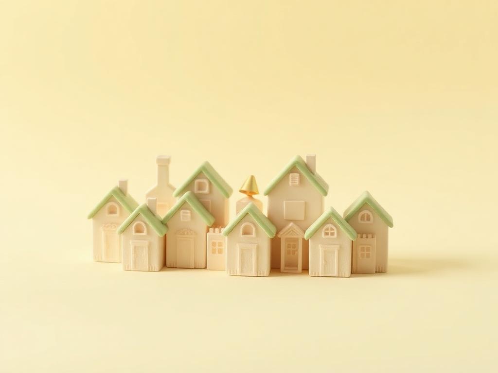 Cluster of cream clay houses with sage clay roofs and a gold clay lamp glowing between them