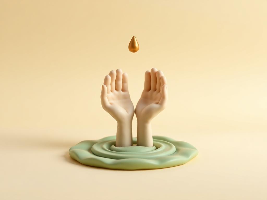 Cream clay open hands cupped upward with a gold clay droplet above a sage clay ripple
