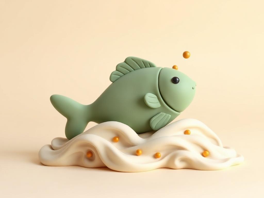Large sage clay fish shape on cream clay waves with gold clay bubbles rising