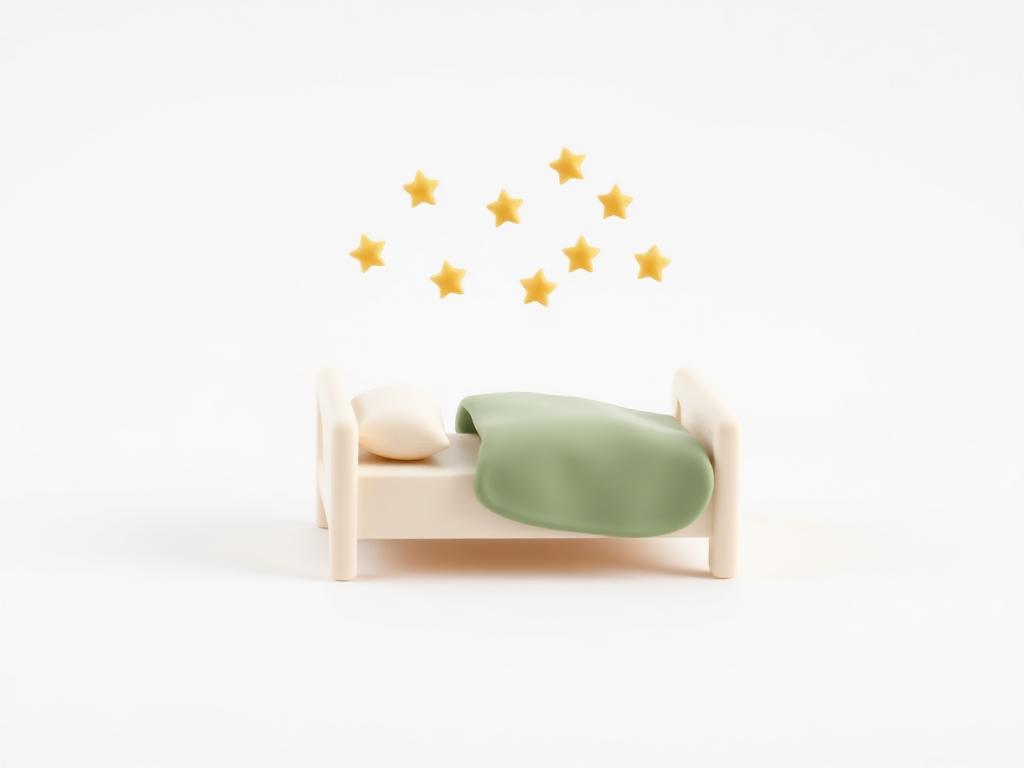 Small cream clay bed with a sage clay blanket and eleven tiny gold clay stars above it