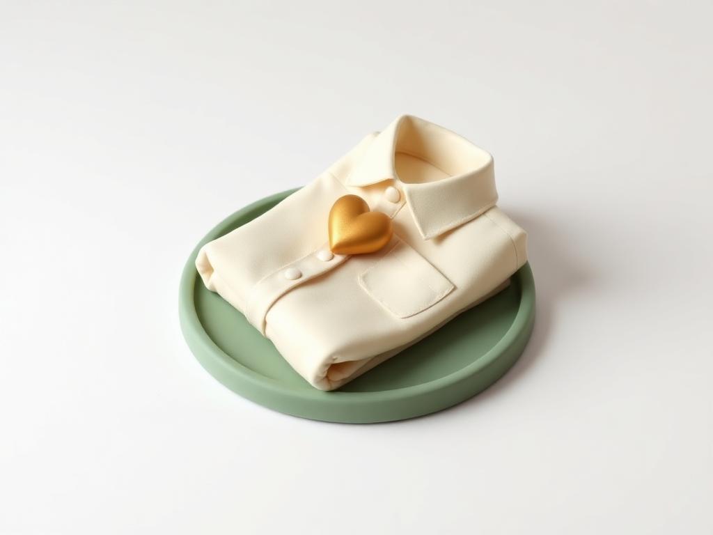 Folded cream clay shirt on a sage clay tray with a small gold clay heart on top
