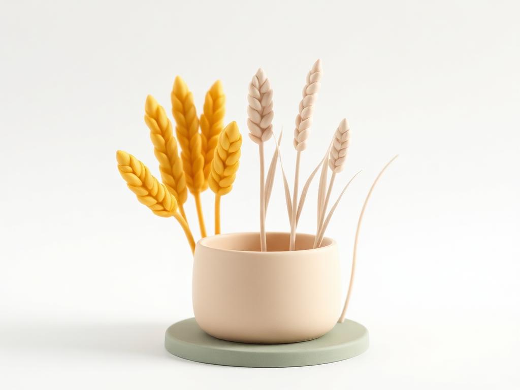 Seven plump gold clay wheat ears beside seven thin pale clay ears in a cream clay pot