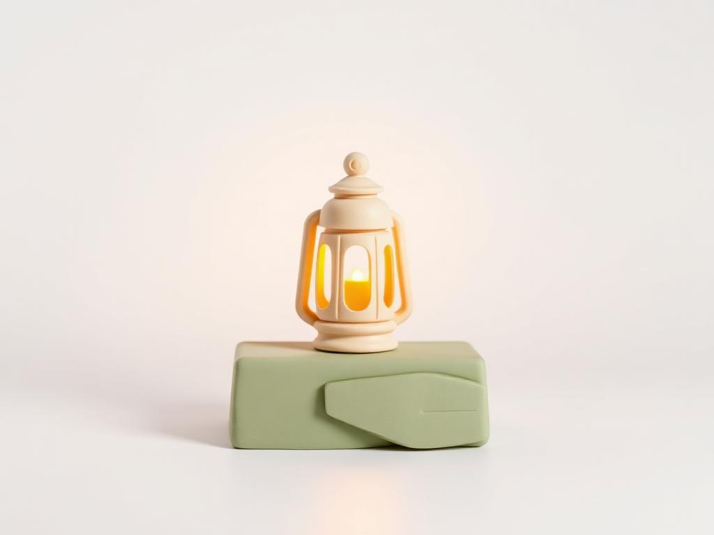 Small cream clay lantern glowing warm gold on a sage clay ledge
