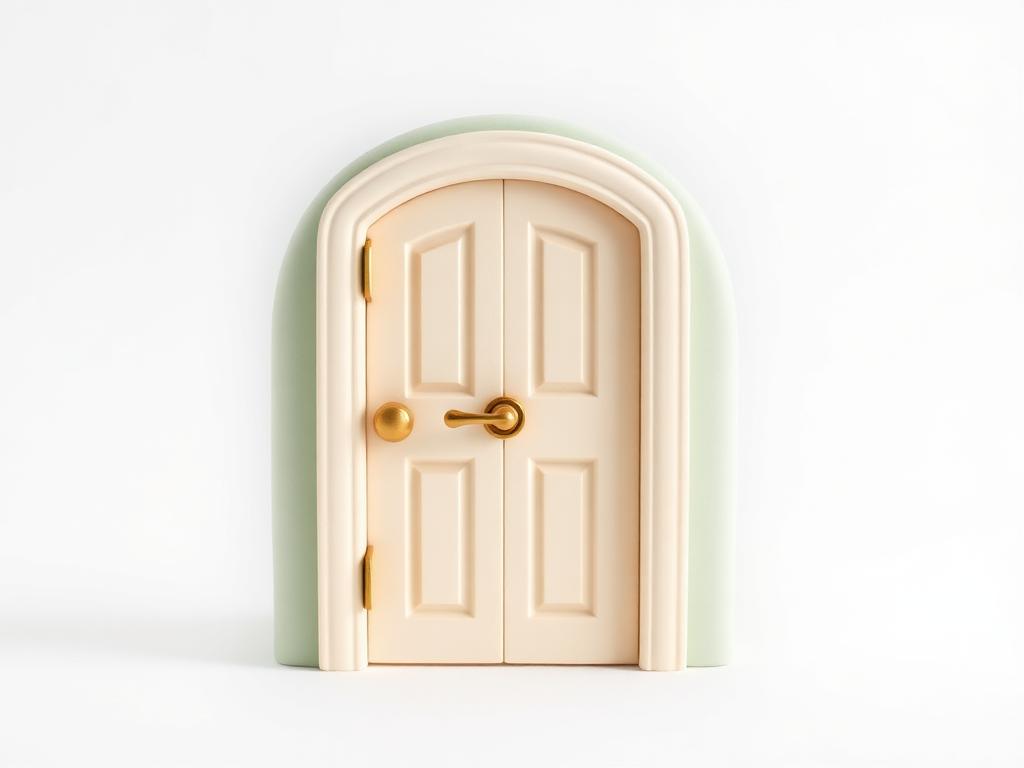 Closed cream clay door with a gold clay latch set into a sage clay wall