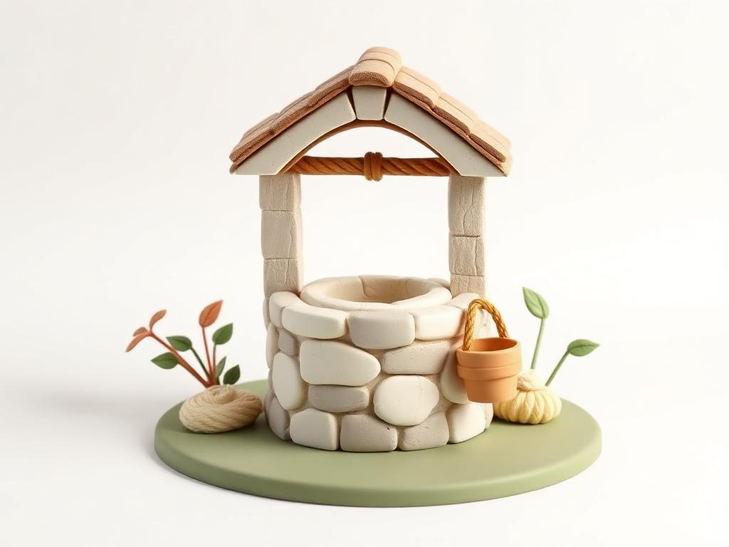 Round cream clay stone well with a gold clay rope and bucket on a sage clay base