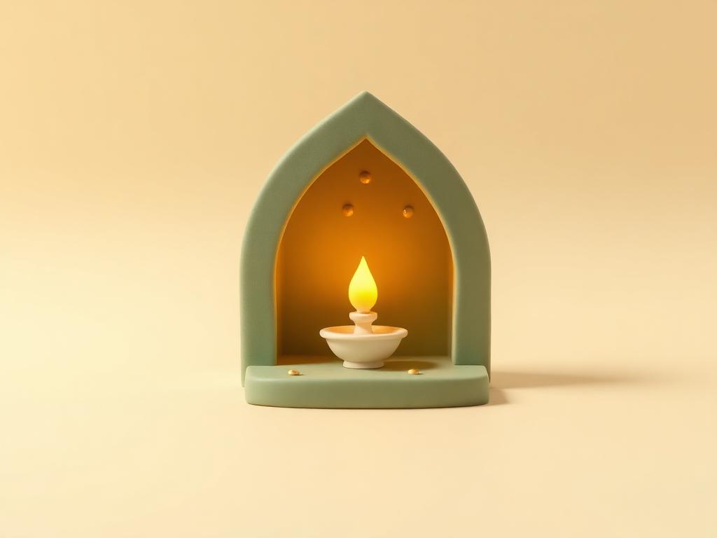 Small cream clay lamp glowing inside a sage clay prayer niche with gold clay dots
