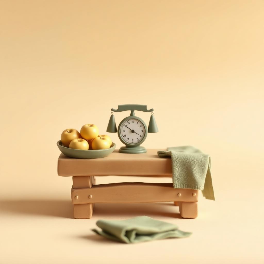 A small clay market table holding a sage clay balance scale, a dish of clay apples and a folded sage cloth