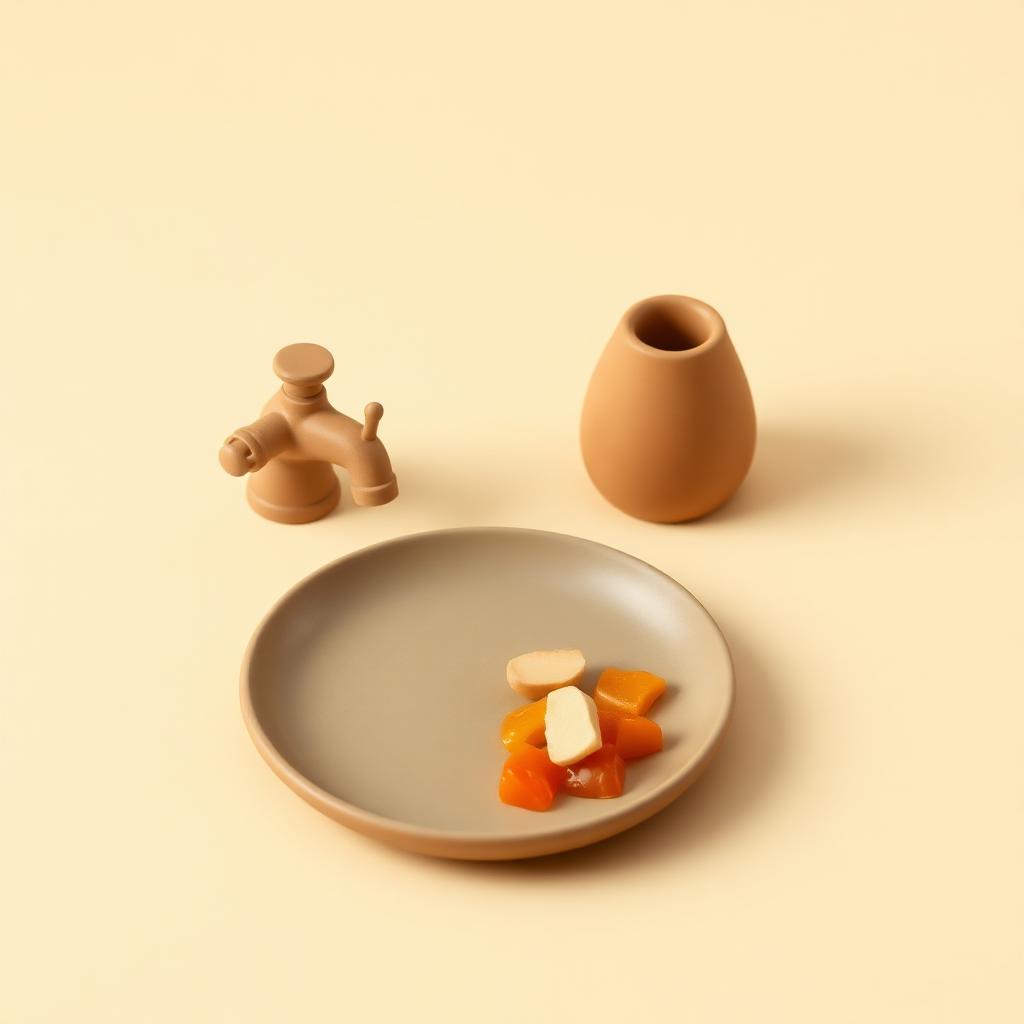 A small clay plate with a modest portion of food beside a clay water jug and a closed clay tap