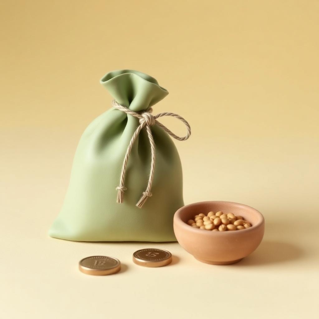 A sage clay pouch tied with twine beside a clay bowl of grain and two plain clay coins
