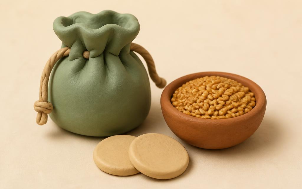 Two cupped clay hands together holding a small clay bread roll