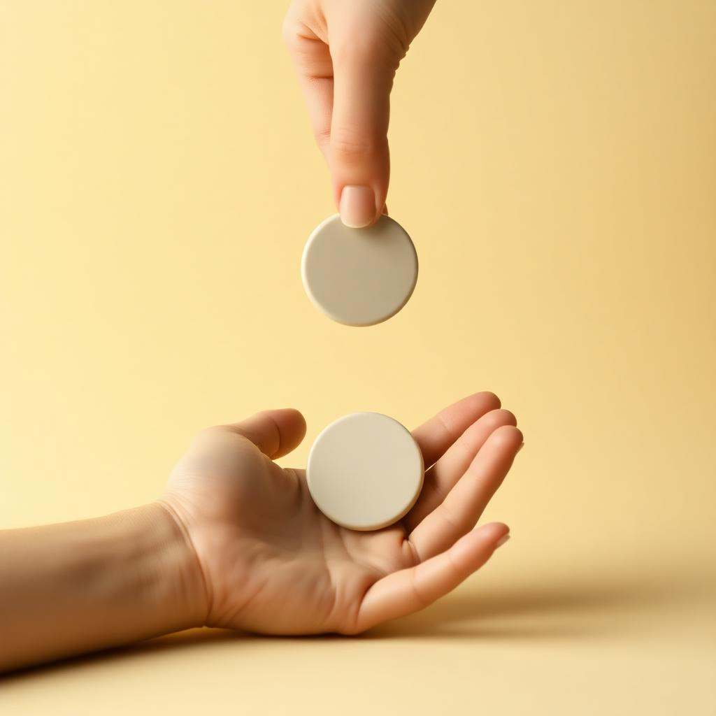One clay hand above dropping a plain blank clay disc into an open clay hand below