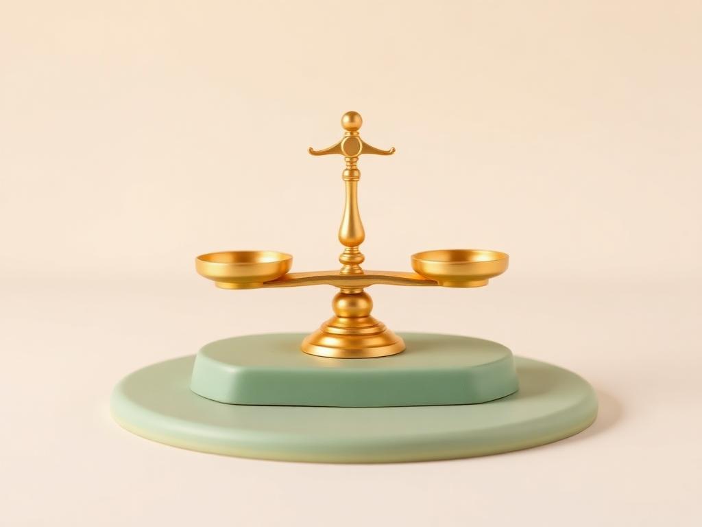 A perfectly balanced gold clay balance scale resting on a sage clay platform