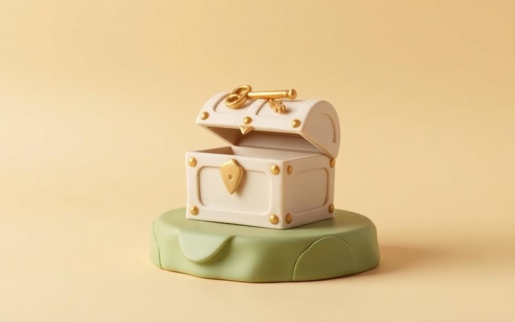 A cream clay treasure chest with a gold clay key resting on the lid on a sage clay platform