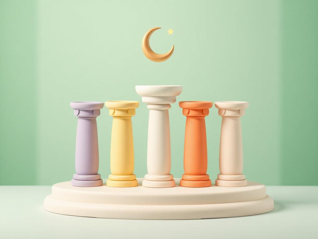 Five pastel clay pillars with a gold crescent above them
