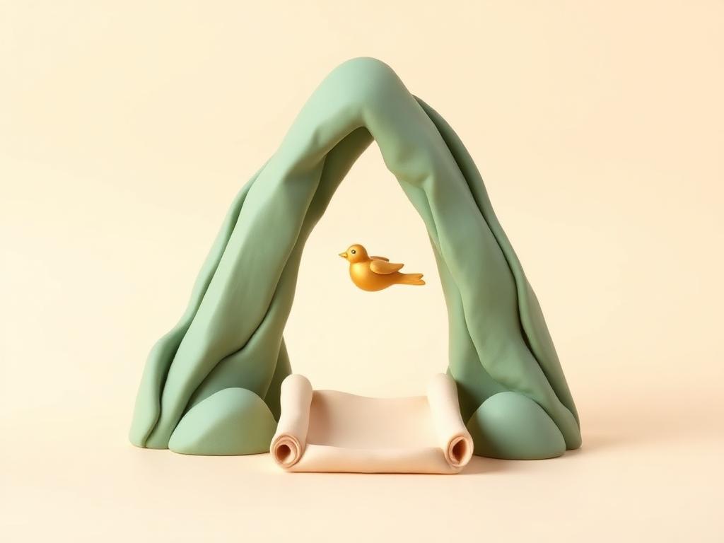 Sage clay mountain arch with a gold clay bird and a cream clay open scroll