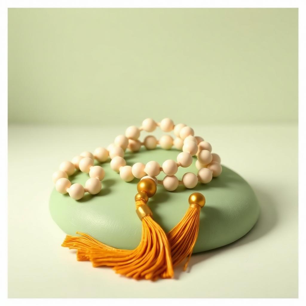 Cream clay prayer beads curling across sage clay ground with a gold clay tassel