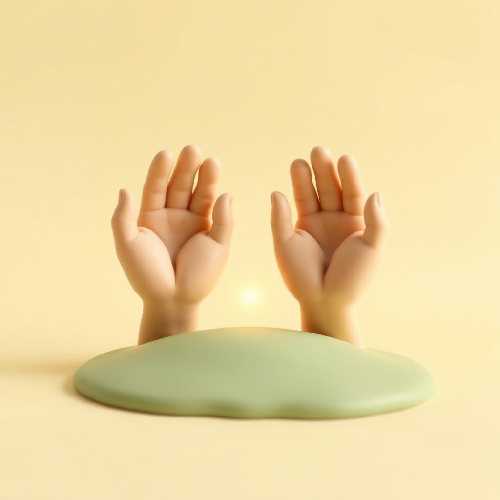 Two cream clay cupped hands raised with a small gold clay glow between them on sage clay ground