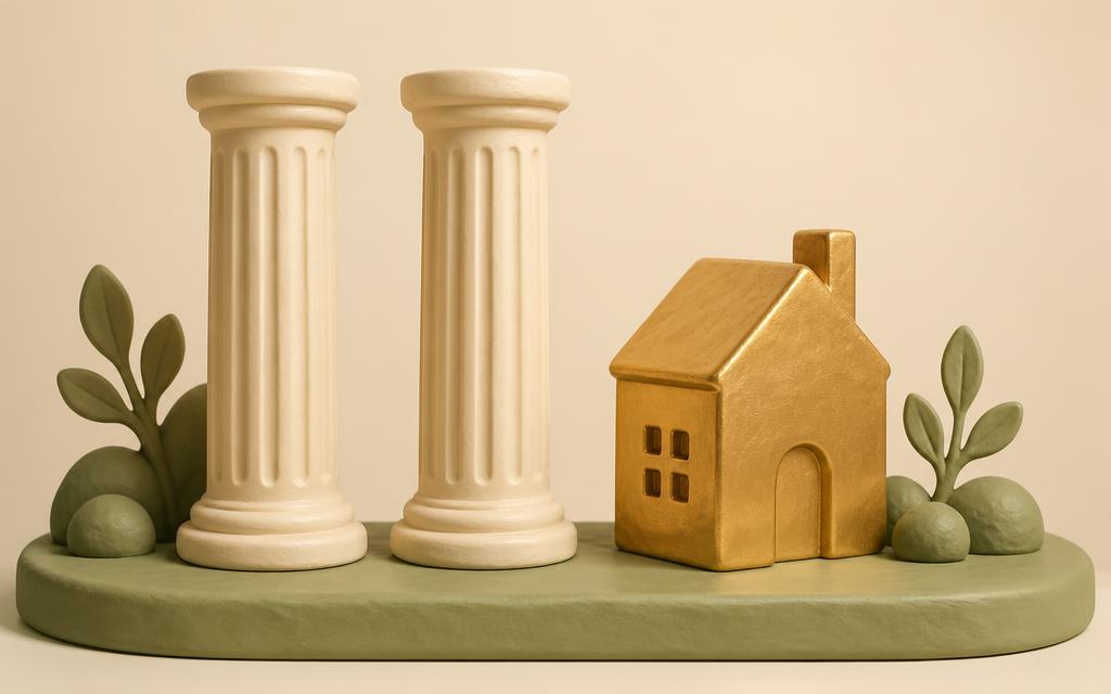 A large cream clay hand sheltering a small green clay sapling on a sage clay platform