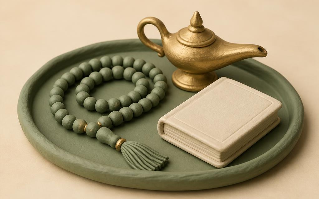 Clay hands raised in dua beneath a lantern and an open book