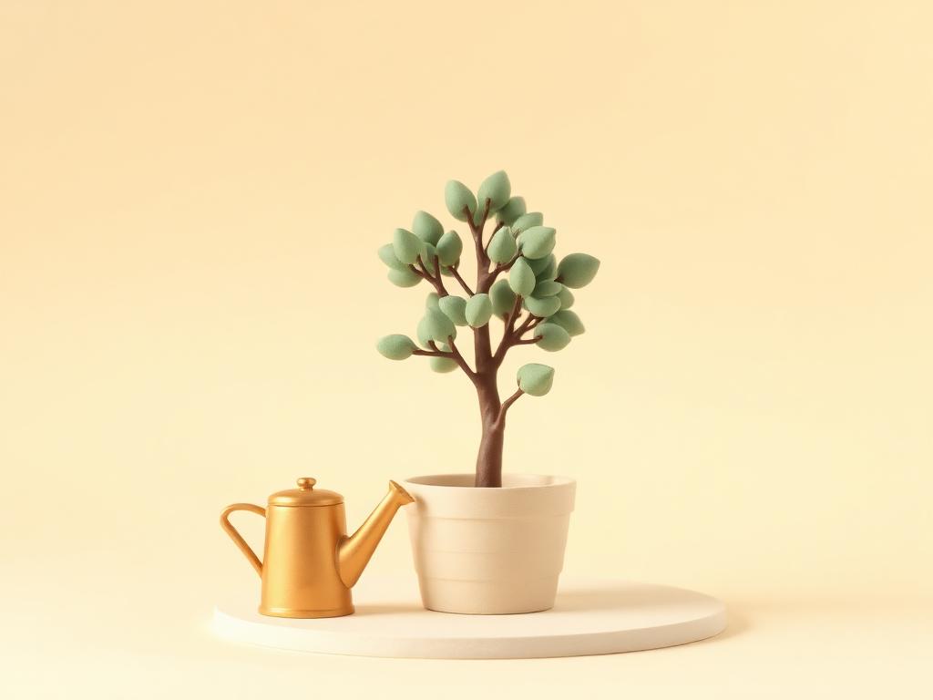 A cream clay globe cradled in sage clay leaves with gold clay stars around it