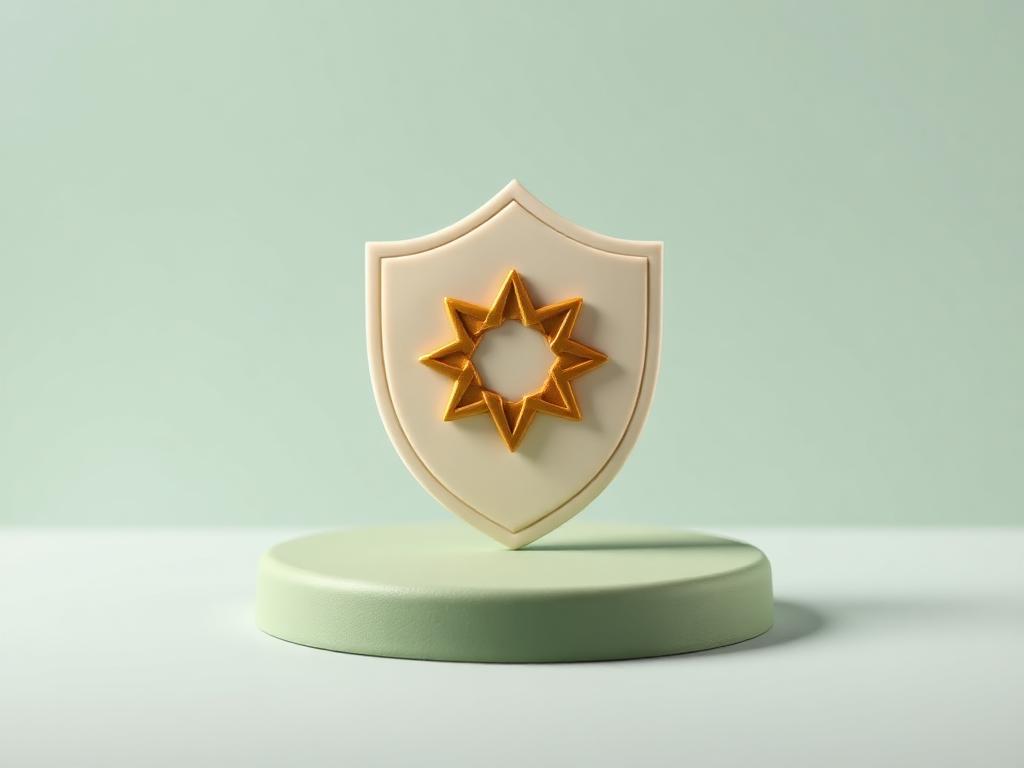 A cream clay shield with a gold clay eight-point star at its centre on a sage clay platform