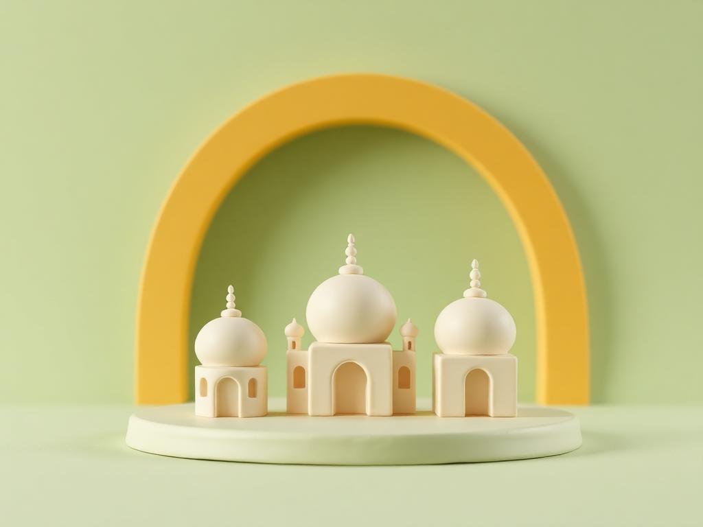 Three cream clay domed masjid shapes of different sizes on a sage clay base under a gold clay sky