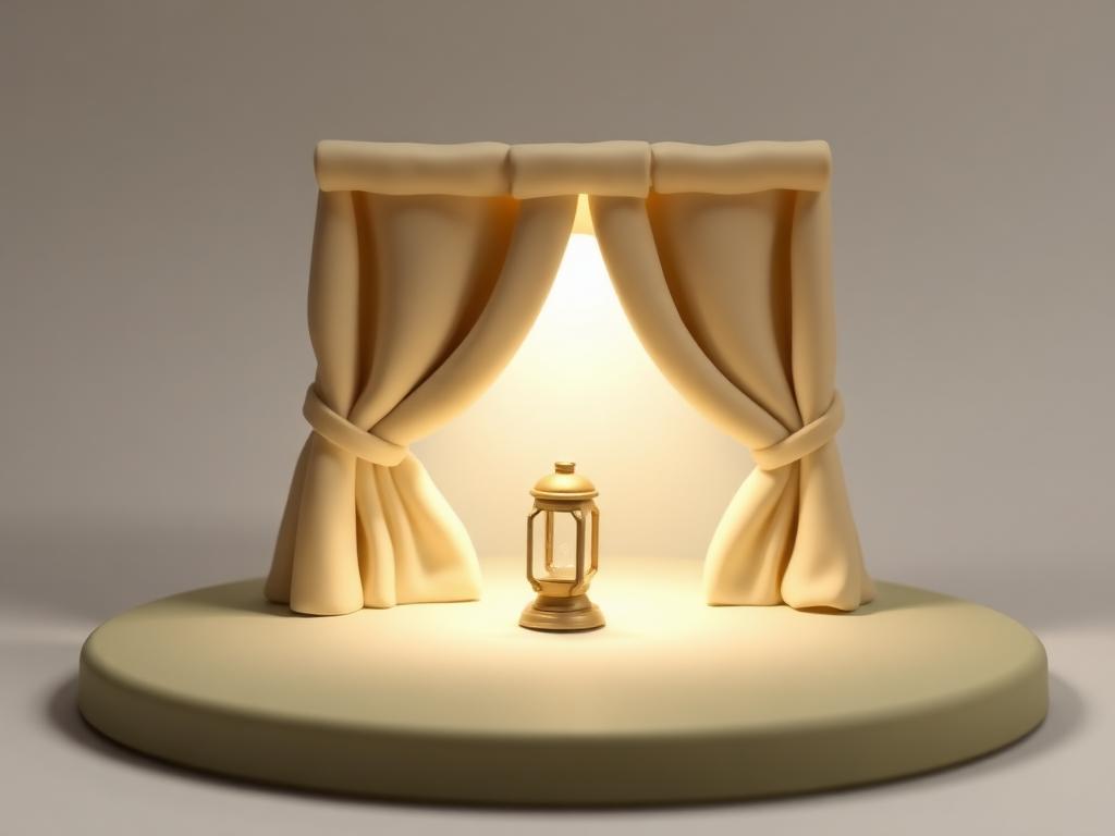 A cream clay curtain drawn half across a small gold clay lantern on a sage clay platform