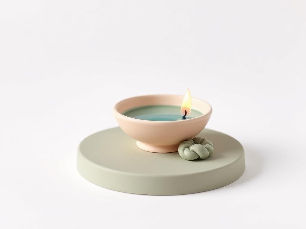 A cream clay bowl of water beside a small sage clay flame on a sage clay platform
