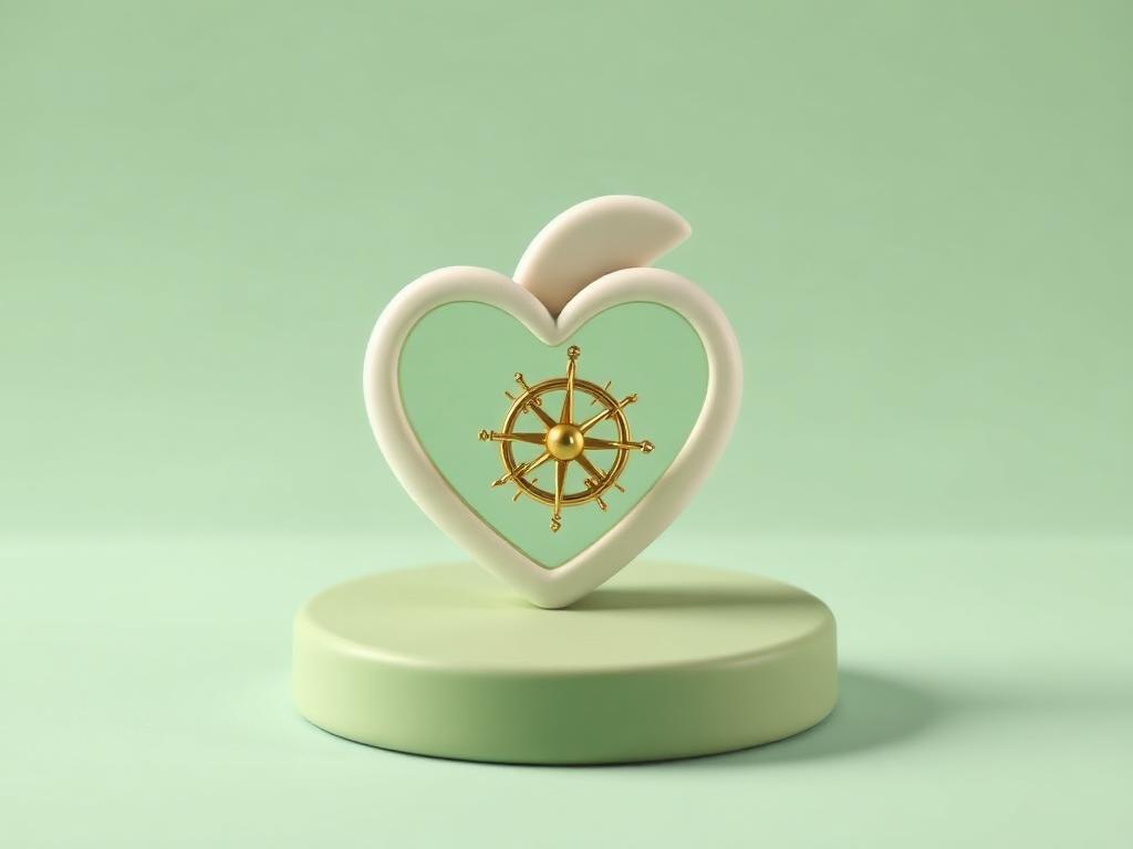 A cream clay heart with a small gold clay compass needle set inside it on a sage clay platform