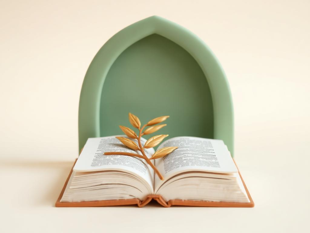 Cream clay open book with a gold clay palm branch resting on a sage clay arch