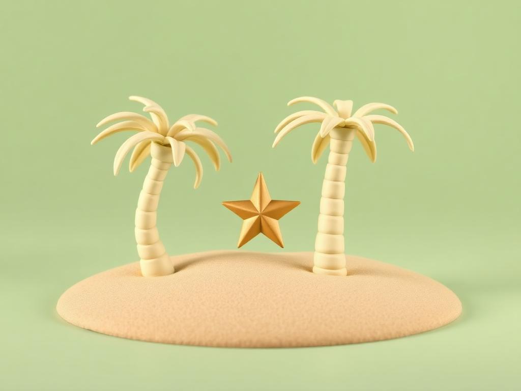 Two cream clay date palms growing from sage clay sand with a gold clay star between them