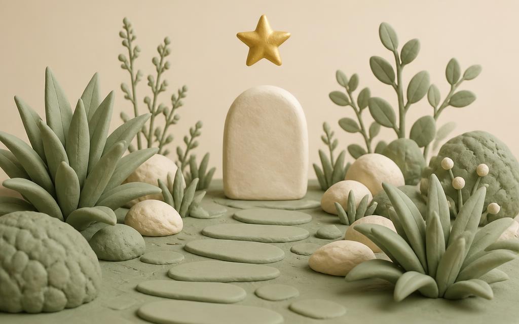 A cream clay pair of cupped hands raised above a sage clay garden with one small gold clay star