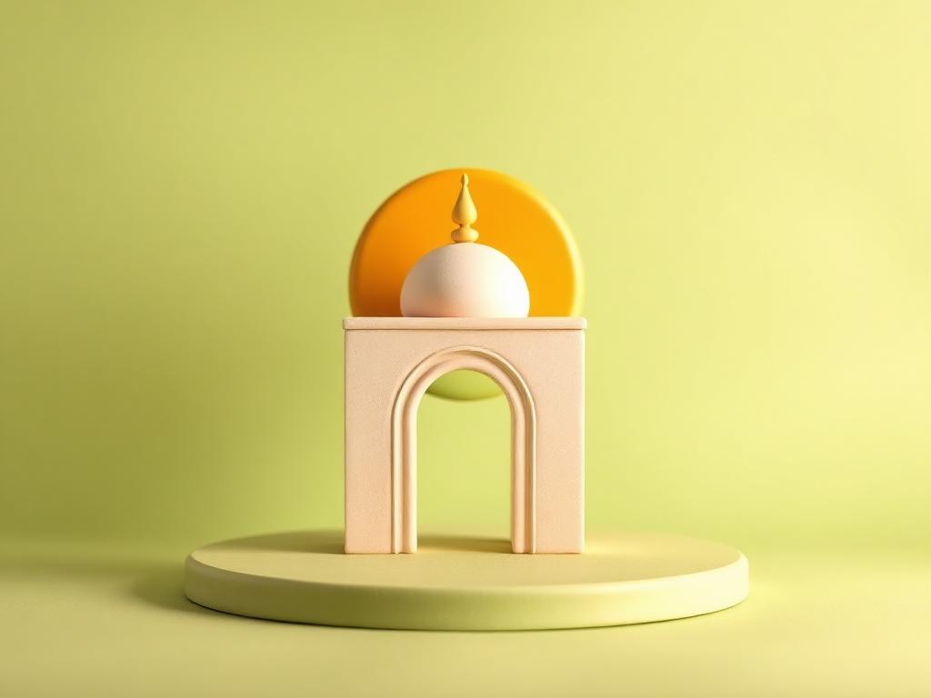 A cream clay masjid doorway on sage clay ground with a gold clay sun rising behind it