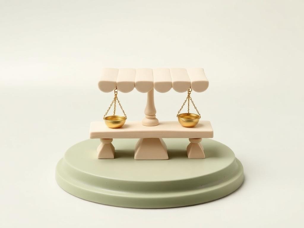 A cream clay market stall with a small gold clay balance scale hanging evenly on a sage clay platform