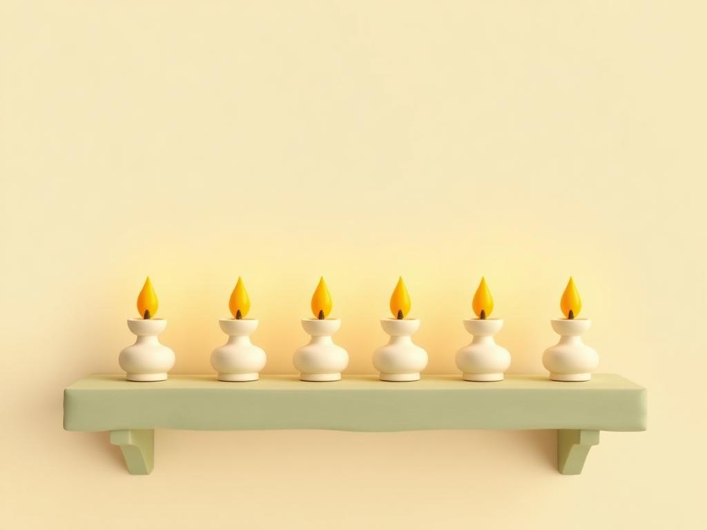 Row of cream clay oil lamps on a sage clay shelf with glowing gold clay flames