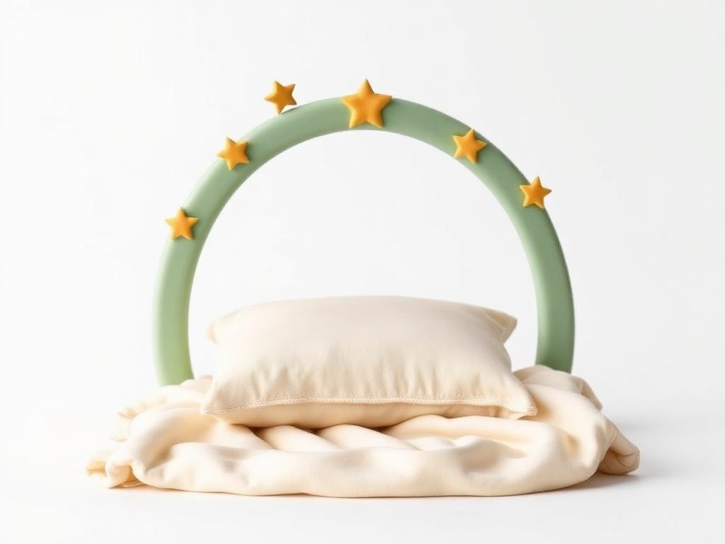 Sage clay night arch with gold clay stars over a cream clay pillow and blanket