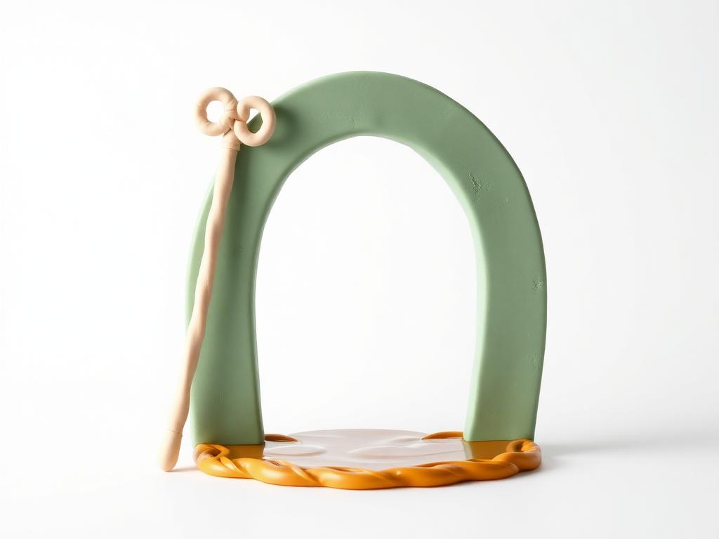 Cream clay staff leaning against a sage clay arch of parted water with gold clay ripples