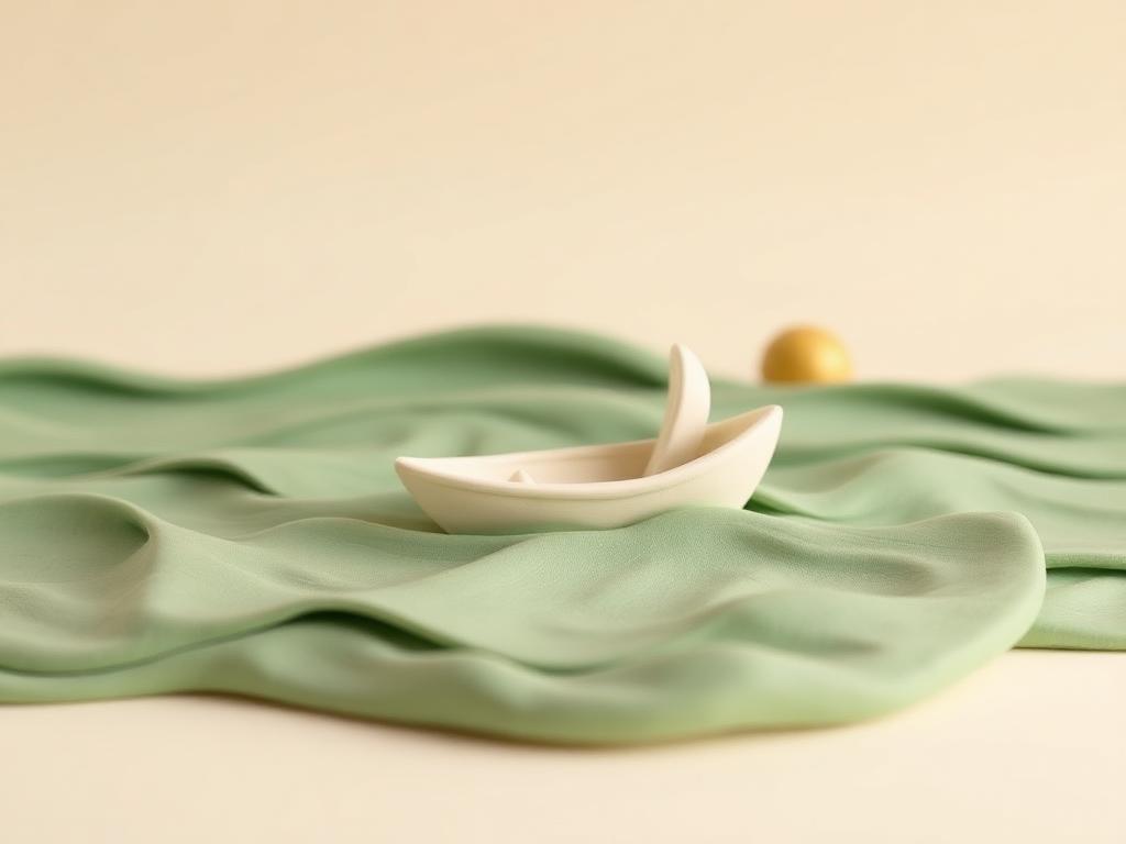 Cream clay boat on sage clay waves with a small gold clay sun on the horizon