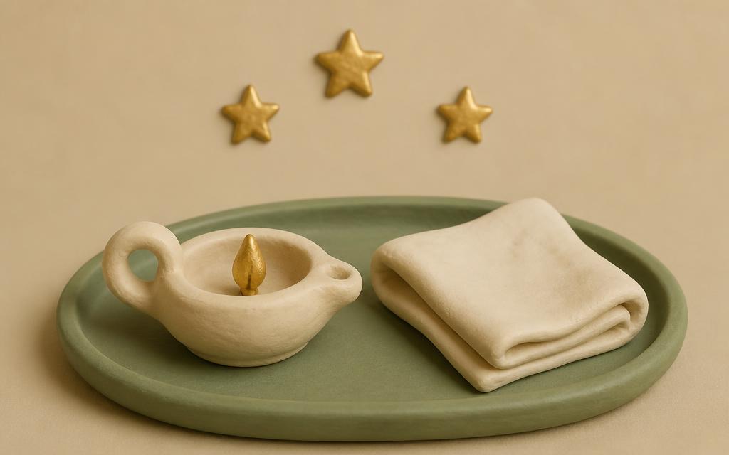 Two cream clay open palms raised in dua with gold clay rays of light rising between them
