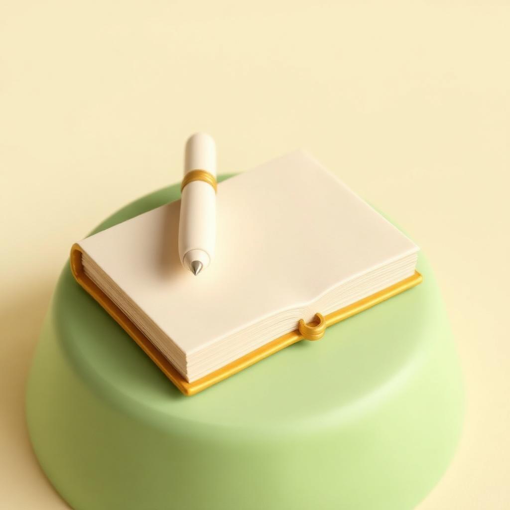 A cream clay pen resting on a closed gold-edged clay book on sage clay ground