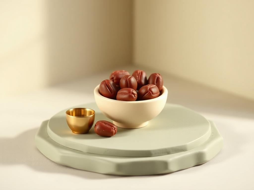 A simple cream clay bowl of dates and a small gold clay cup on a sage clay platform