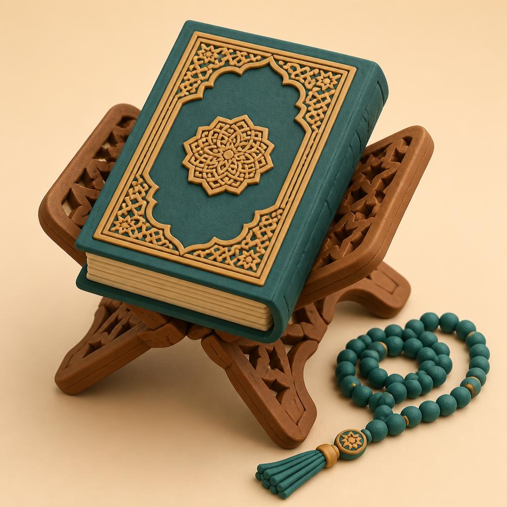 An open Quran on a carved wooden stand with prayer beads