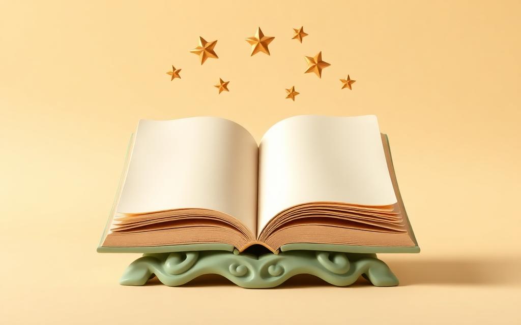 An open cream clay book on a carved sage clay stand with gold clay stars above it
